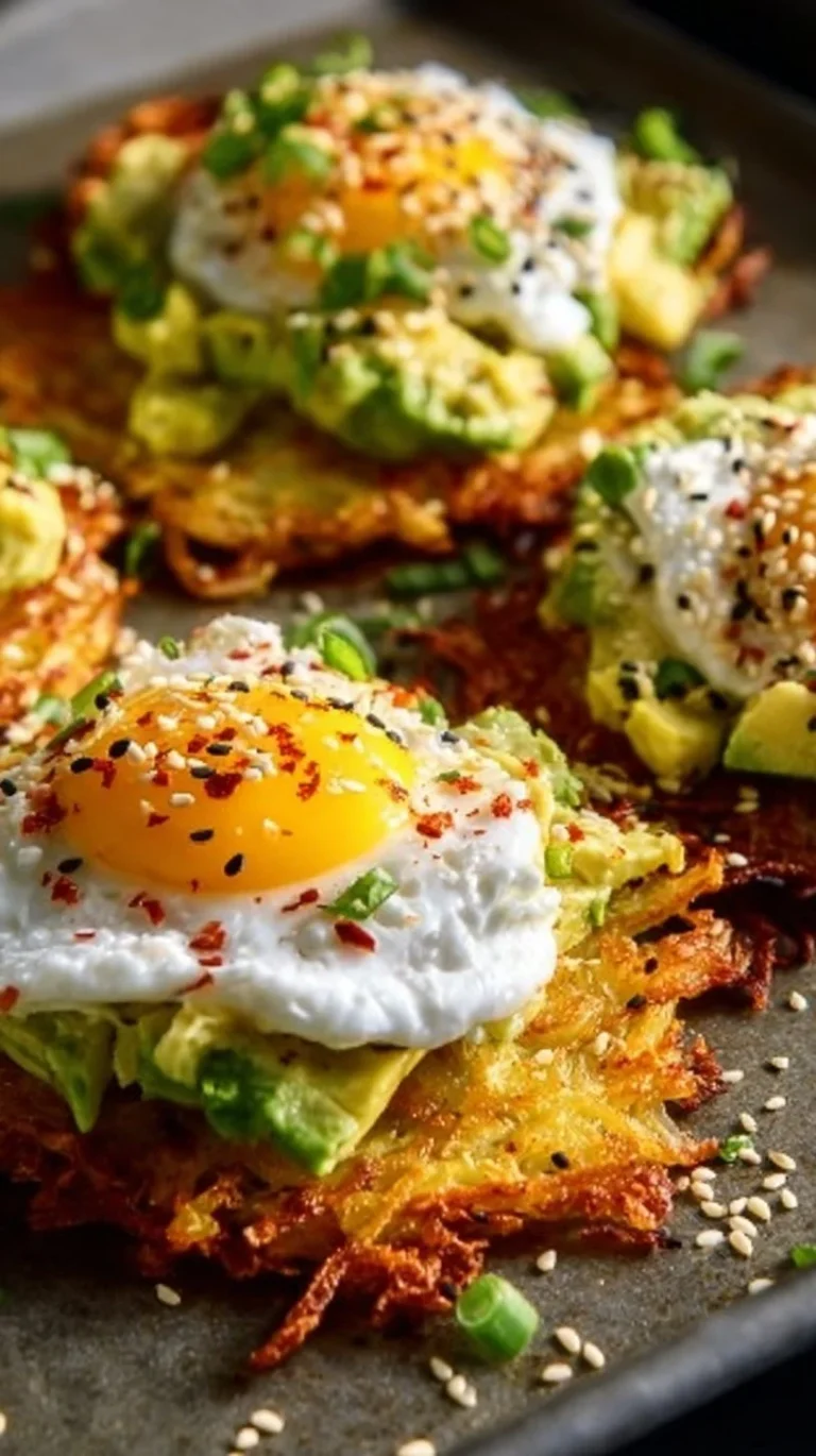 Loaded hash browns topped with scrambled eggs, avocado, and cottage cheese