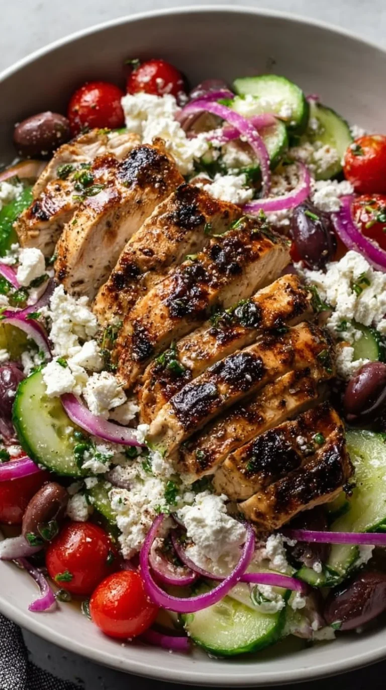 Low-Carb Greek Chicken Bowl with vegetables and feta cheese