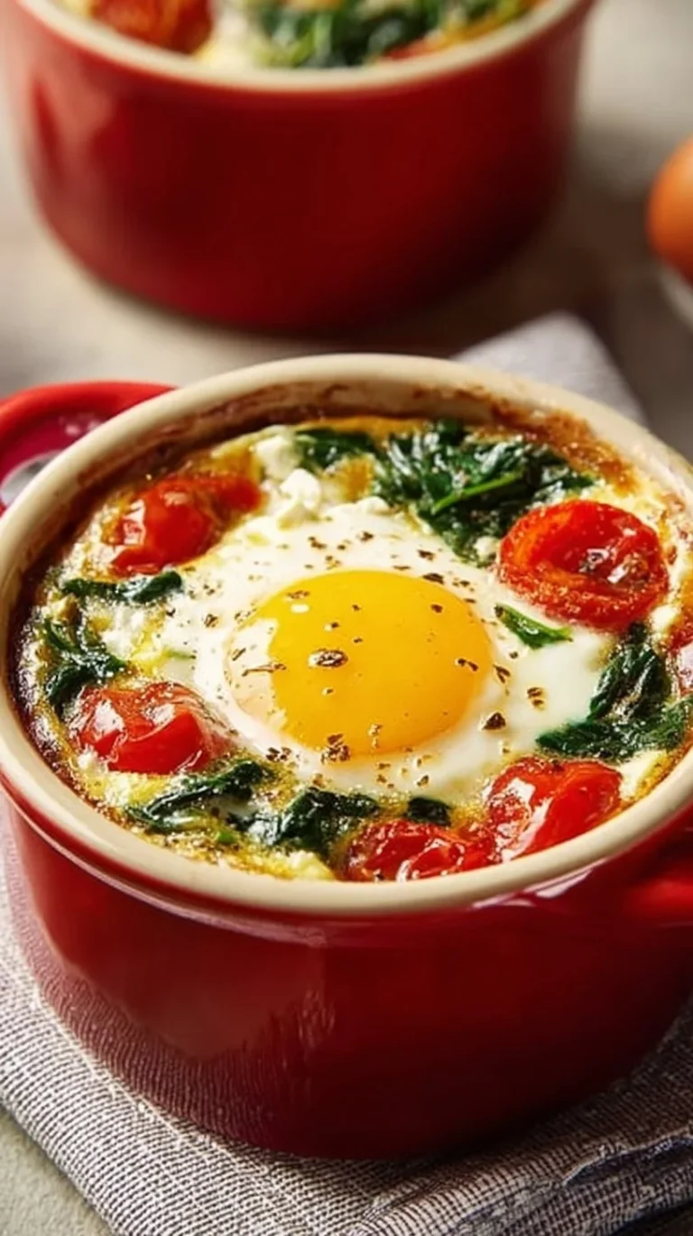 Mediterranean baked feta eggs served in a rustic dish