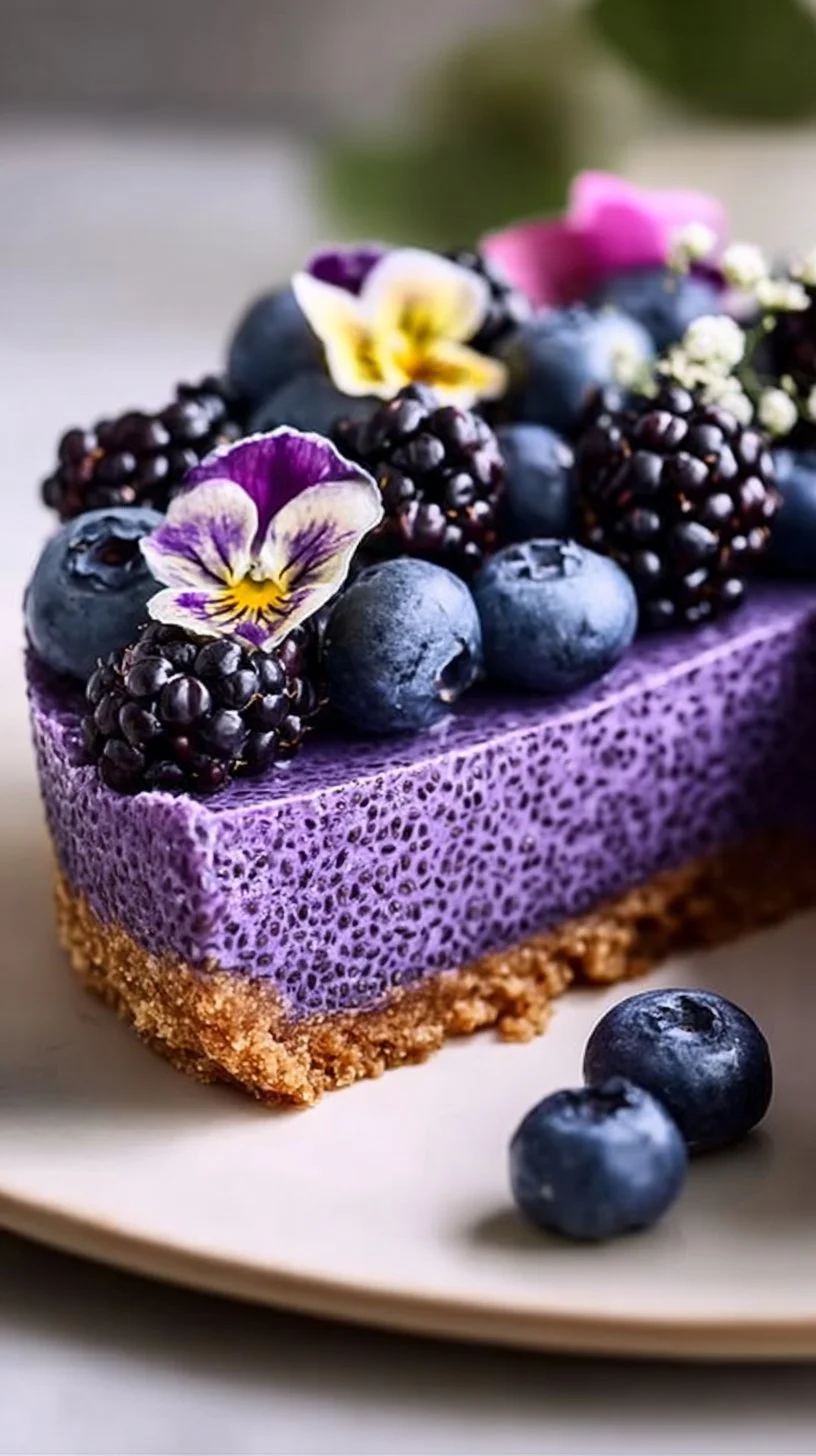 No-bake blueberry chia seed pie with fresh blueberries and chia seeds on a plate