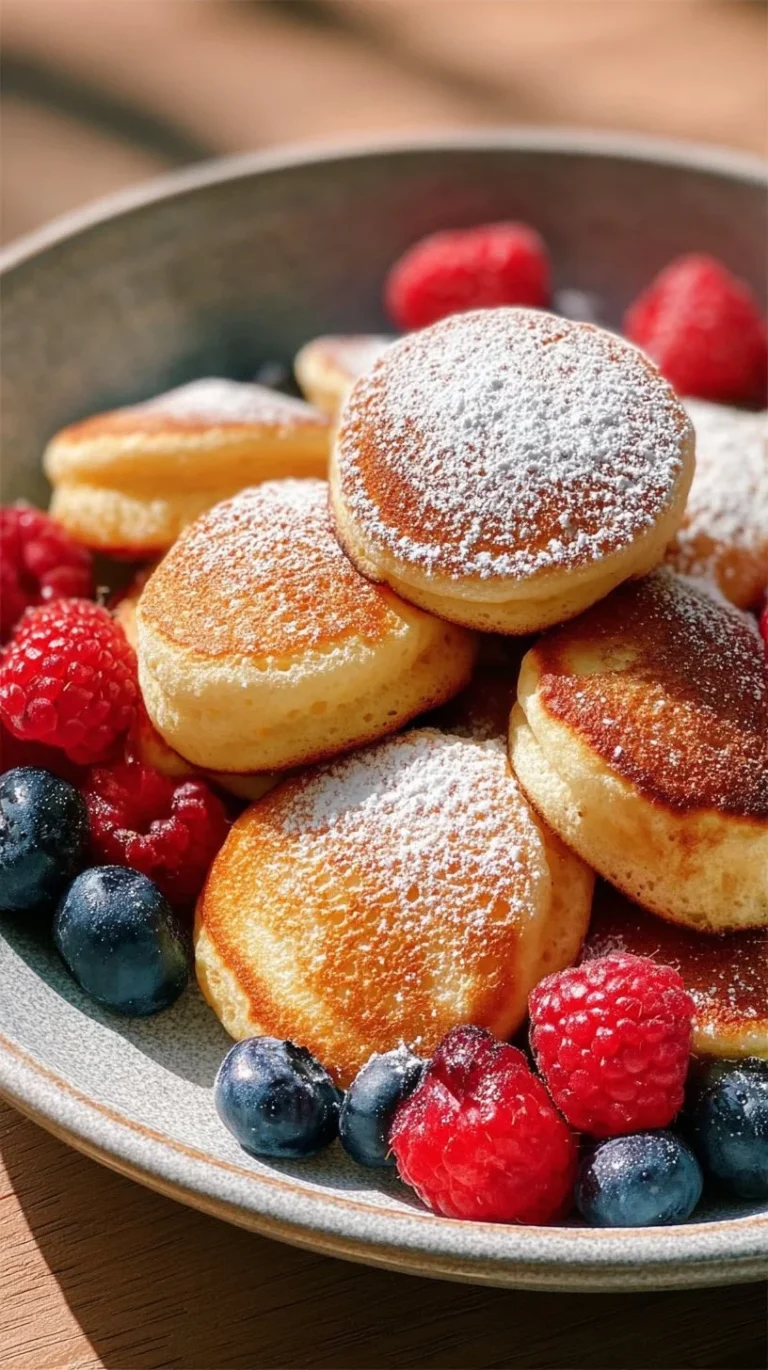 Pancake mini muffins served on a plate with fresh berries and syrup