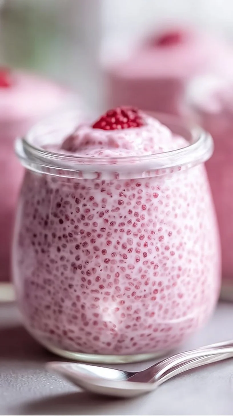 Bowl of raspberry chia pudding topped with fresh raspberries and maple syrup.