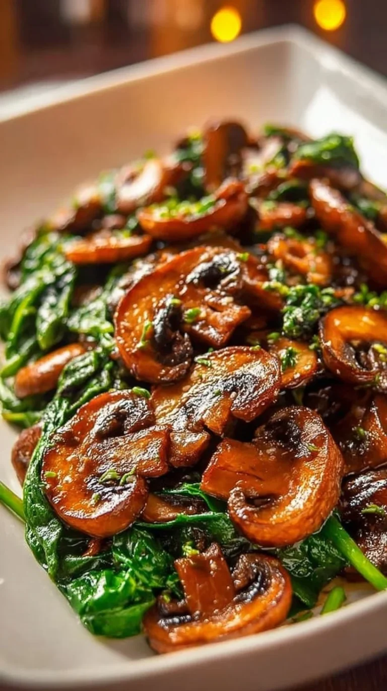 Delicious sautéed mushrooms with fresh spinach in a skillet