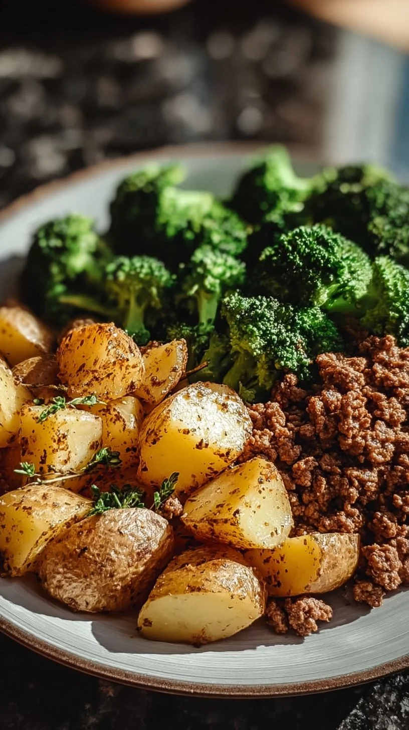 Savory ground beef dish served with herb-roasted potatoes and steamed broccoli