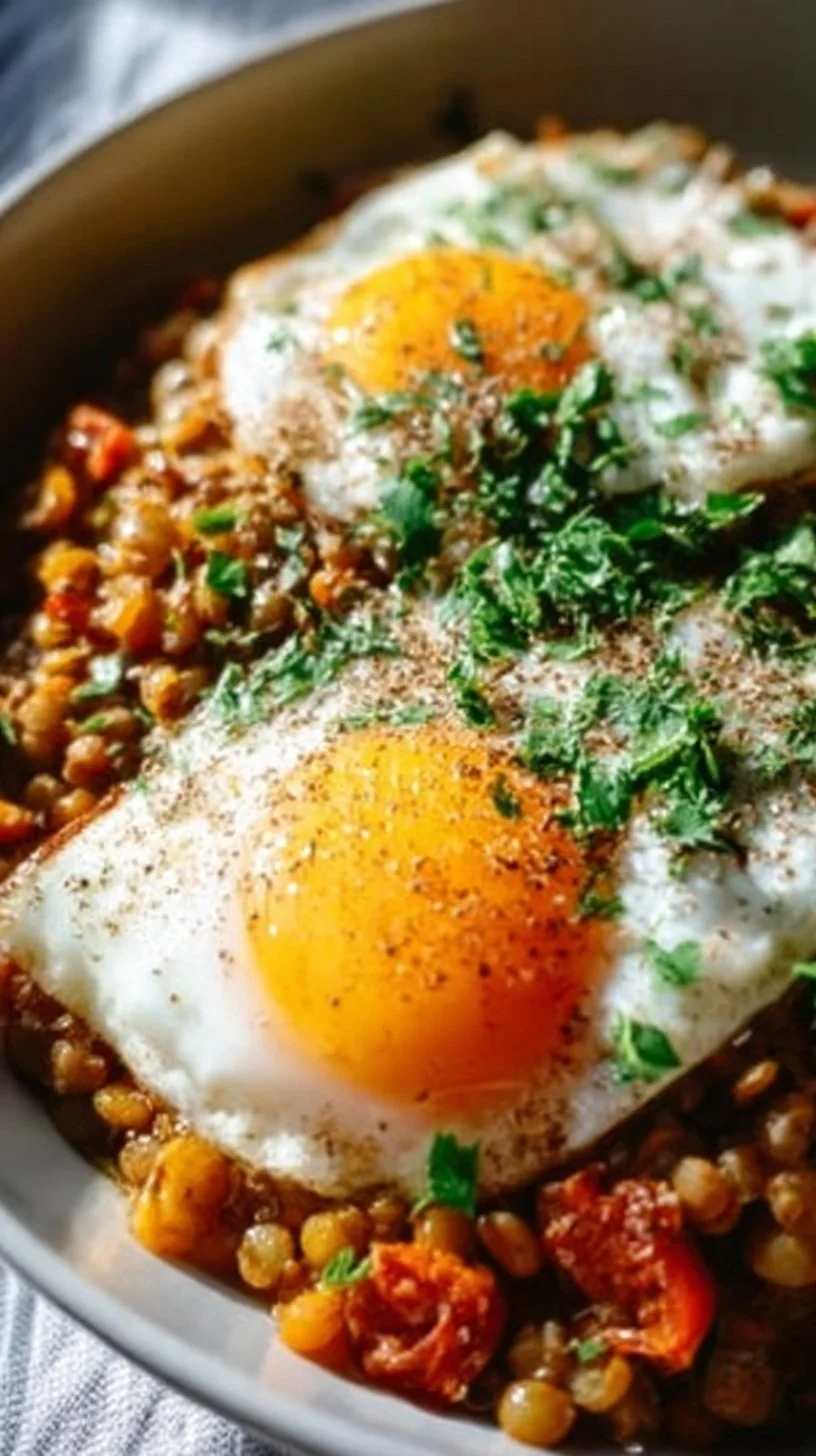 Savory lentil breakfast bowl topped with fresh vegetables and herbs