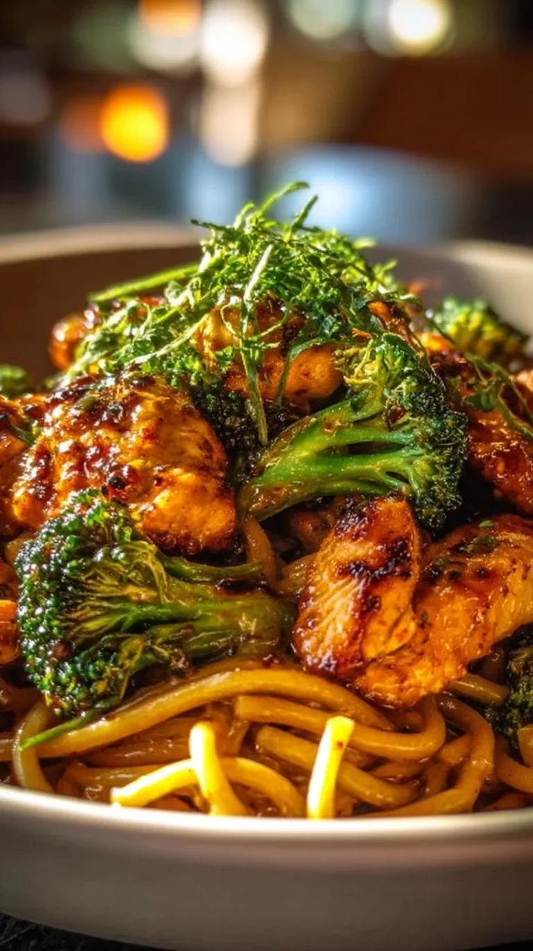 Delicious spicy garlic chicken served in a bowl with broccoli and noodles.