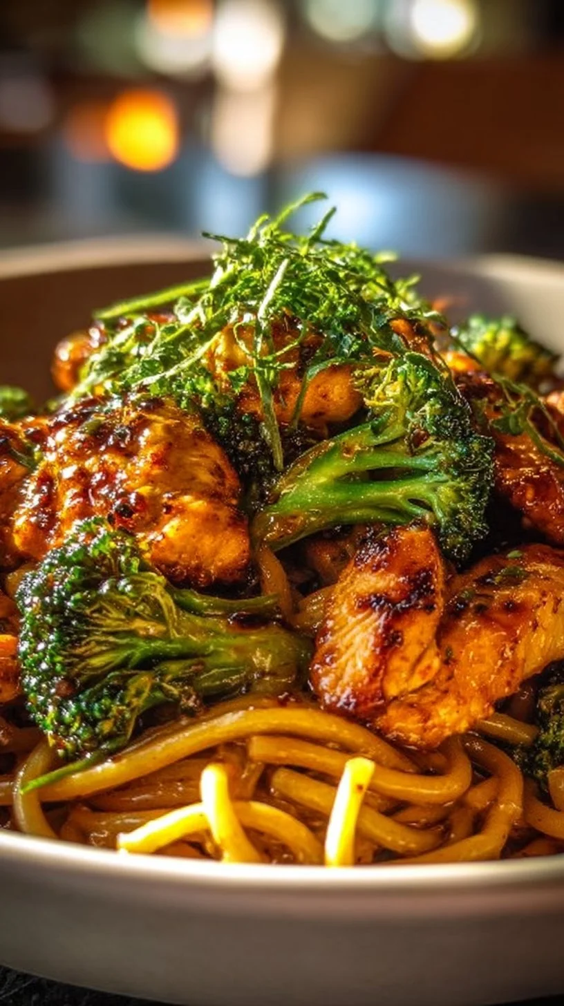Delicious spicy garlic chicken served in a bowl with broccoli and noodles.