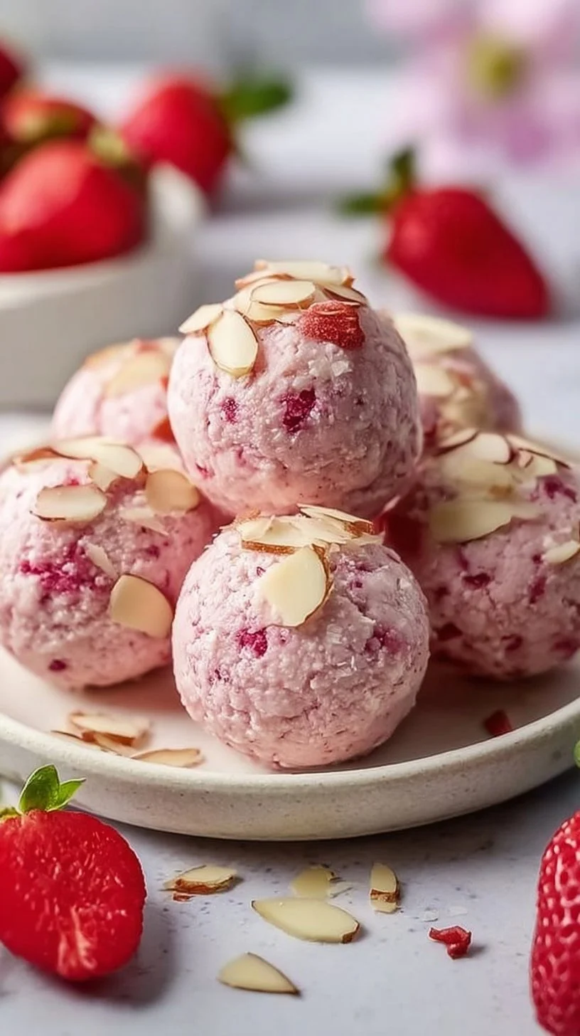 Delicious Strawberry Cheesecake Protein Balls stacked on a white plate