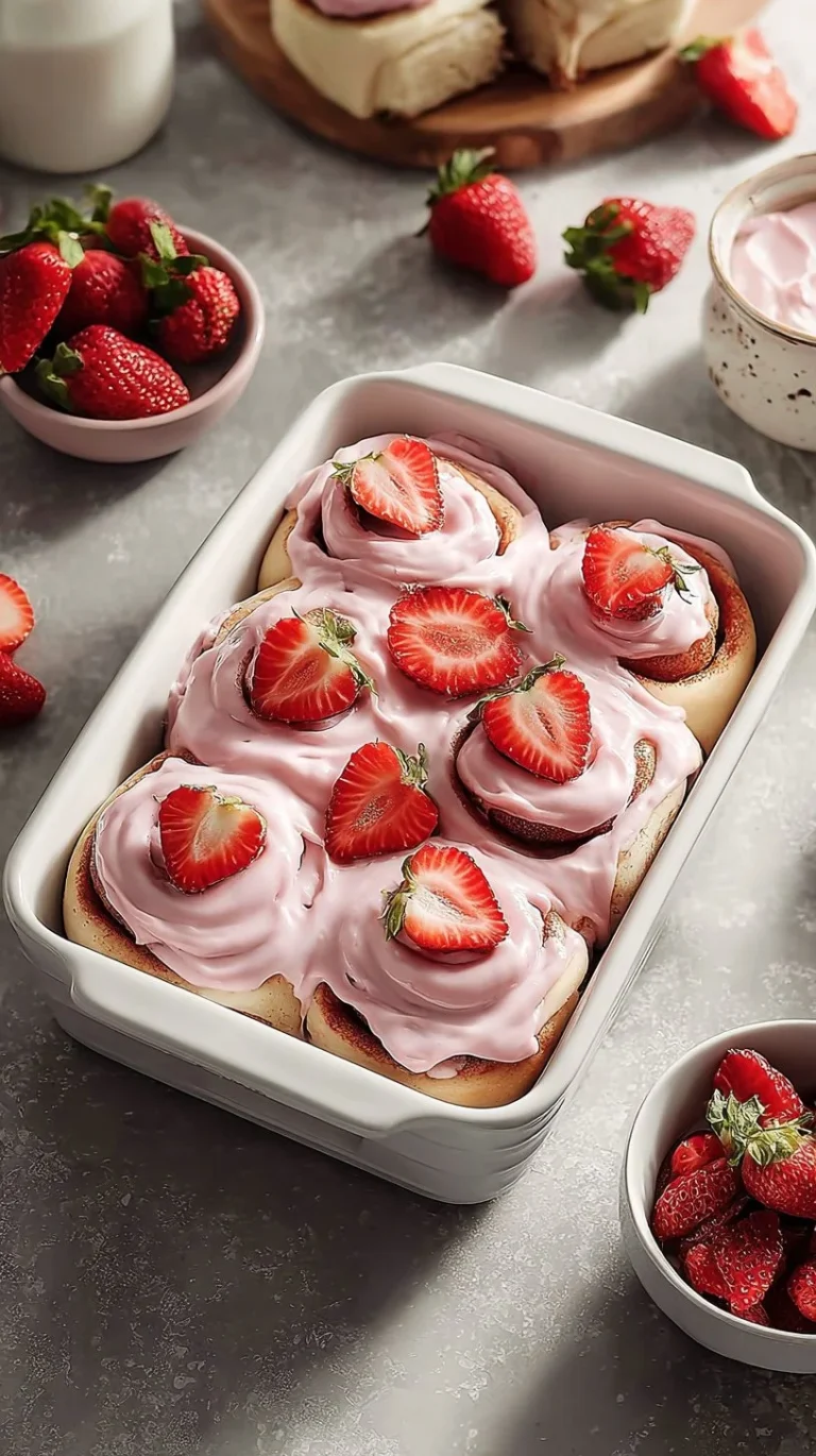 Delicious homemade strawberry cinnamon rolls with icing on a plate