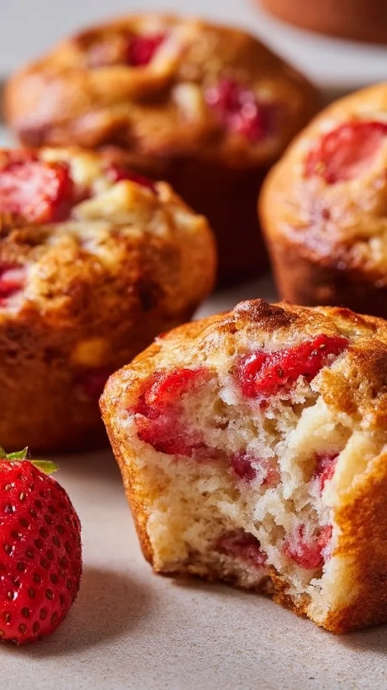 Freshly baked strawberry protein muffins on a wooden table
