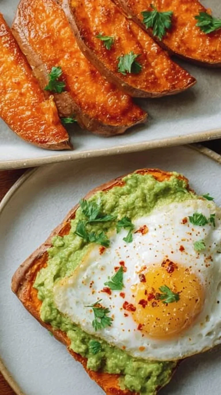 Healthy sweet potato toast topped with avocado and herbs