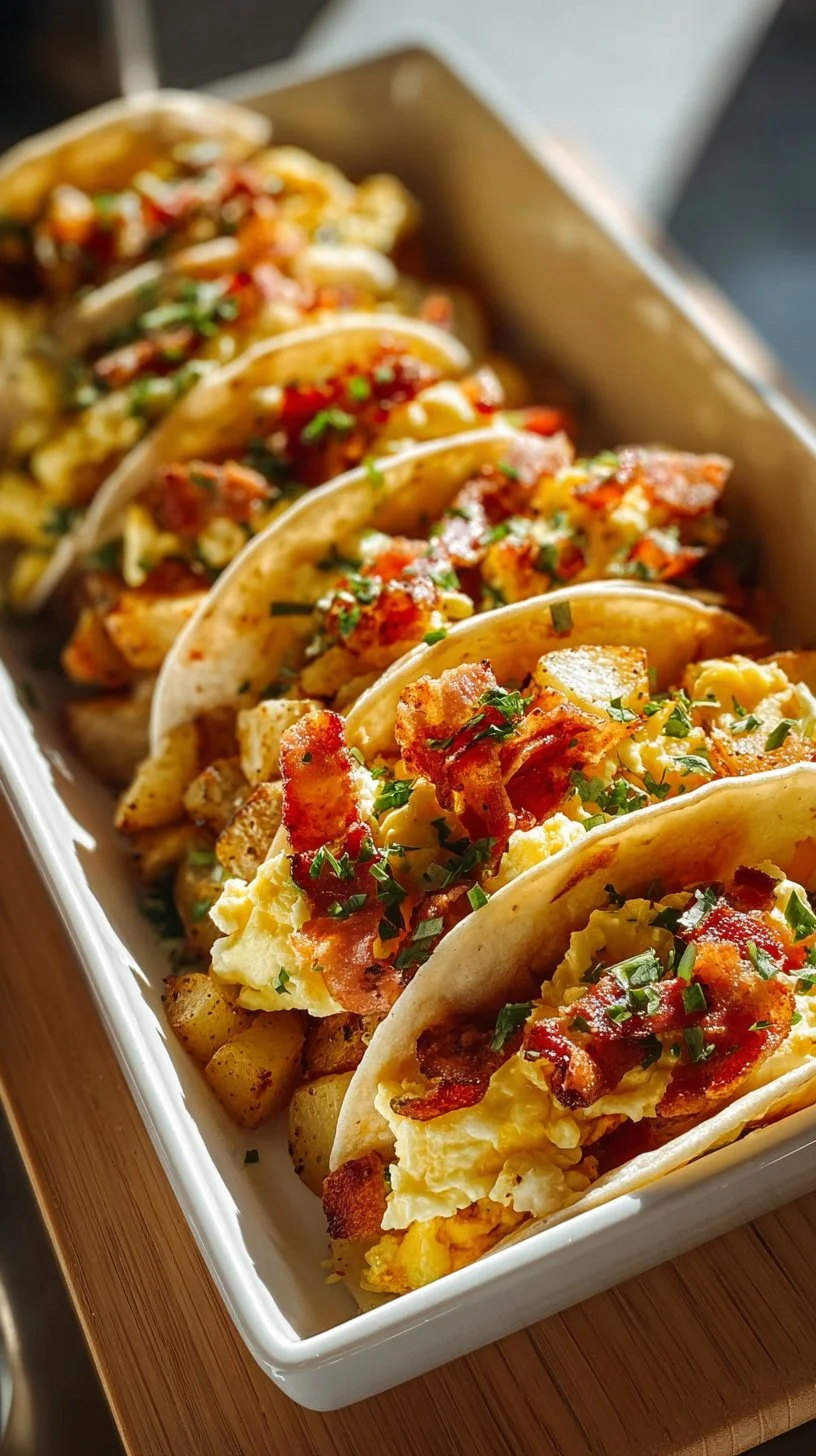Delicious baked breakfast tacos served on a plate with toppings