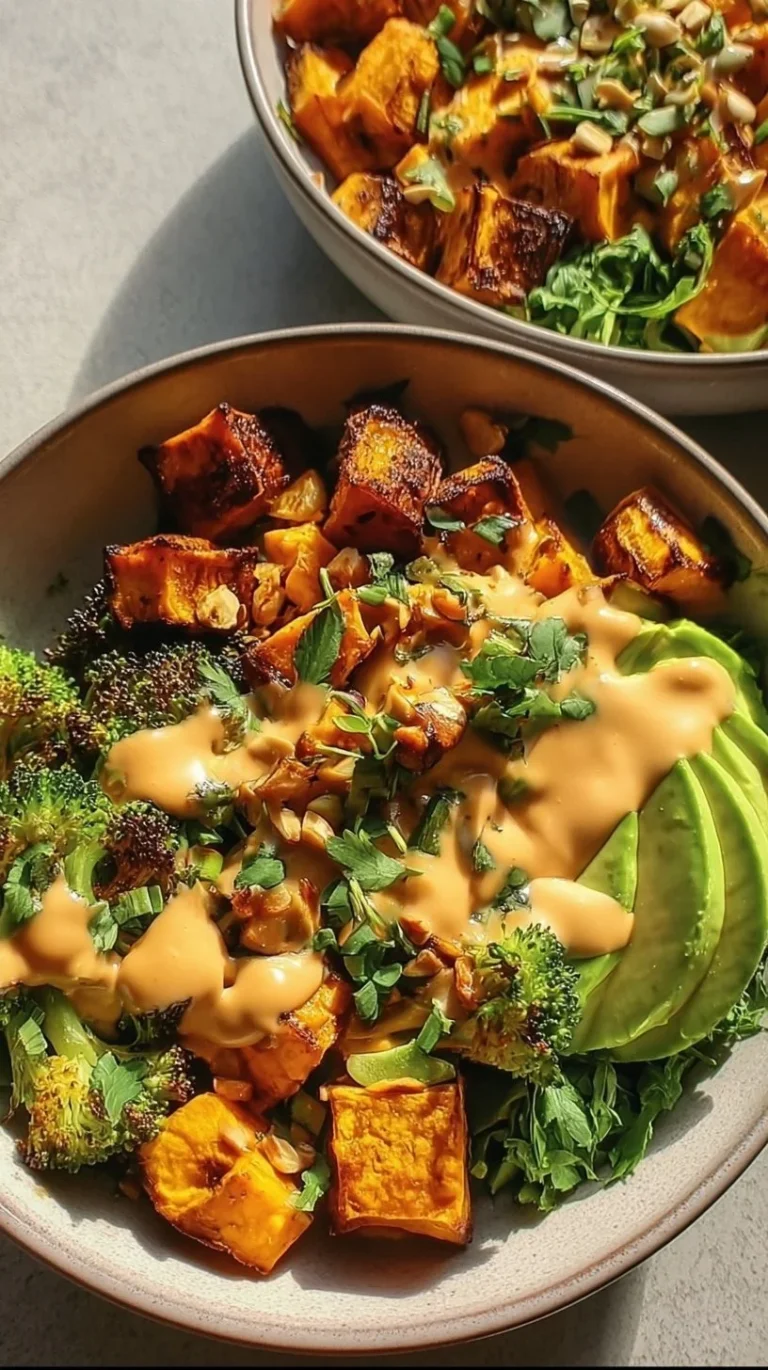 Thai peanut sweet potato Buddha bowl with colorful vegetables and toppings