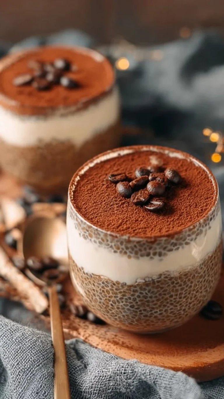 Tiramisu chia pudding topped with Greek yogurt and cocoa powder in a glass