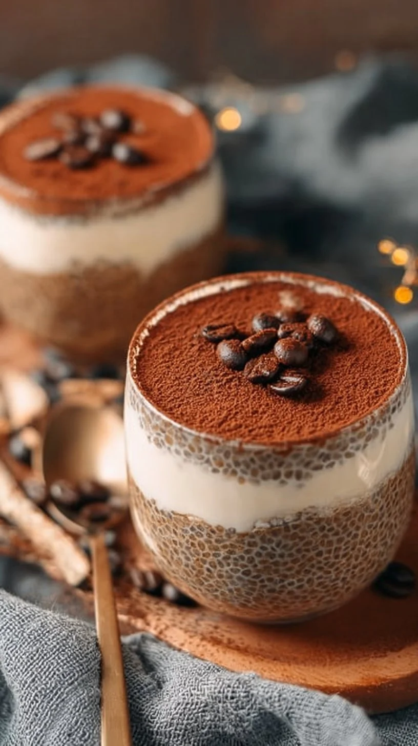 Tiramisu chia pudding topped with Greek yogurt and cocoa powder in a glass