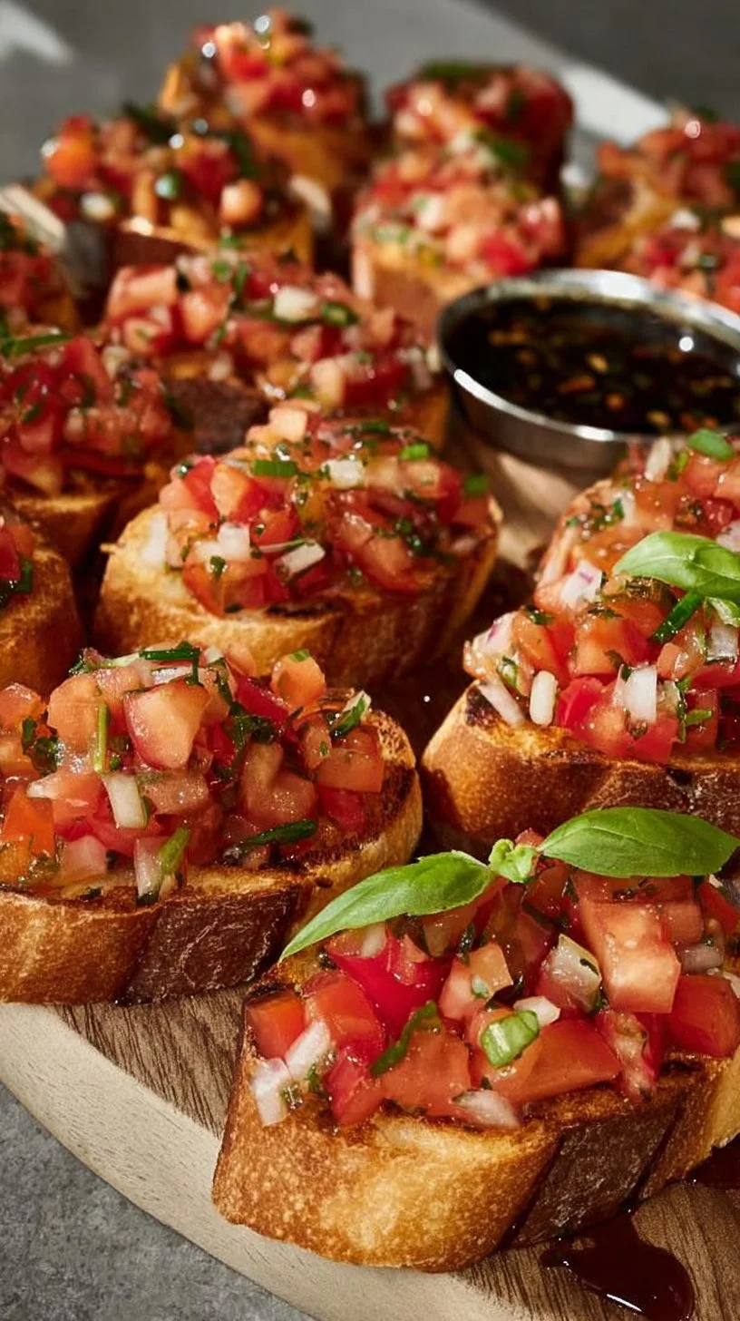 Delicious Tomato Bruschetta served on toasted bread with fresh basil and garlic