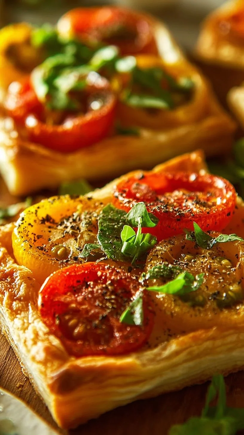 Tomato tartlets with puff pastry topped with fresh herbs and cheese