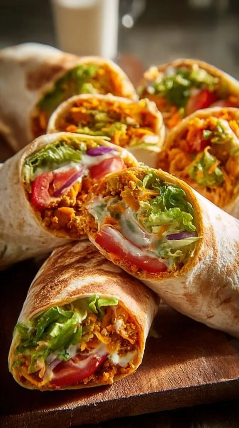 Delicious Buffalo Chickpea Wraps served on a plate with fresh vegetables