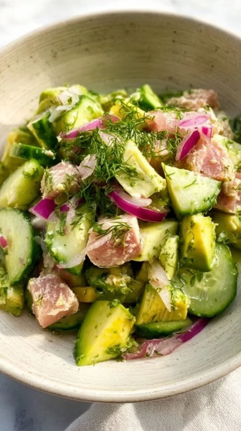 Avocado tuna salad with cucumber and fresh ingredients in a bowl