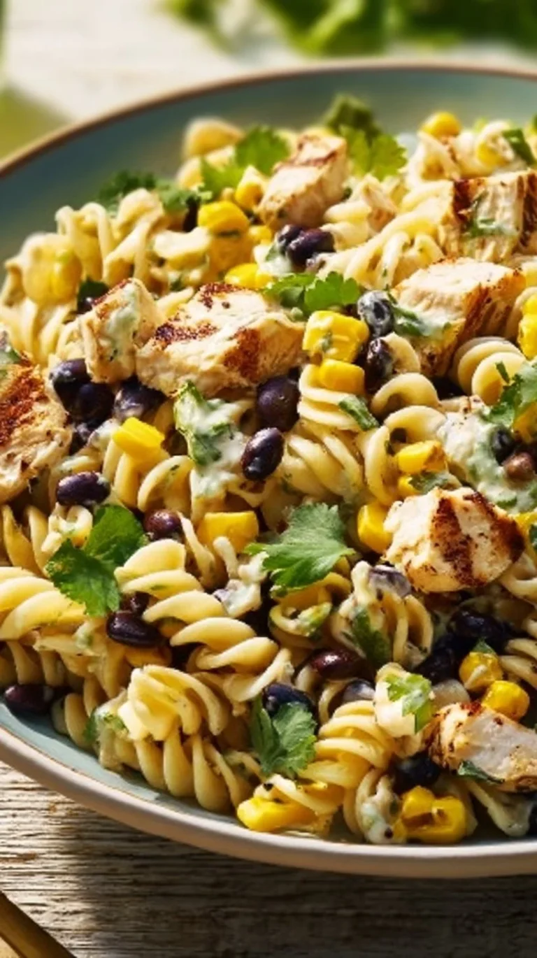 Delicious BBQ Chicken Pasta Salad with colorful vegetables and a tasty dressing