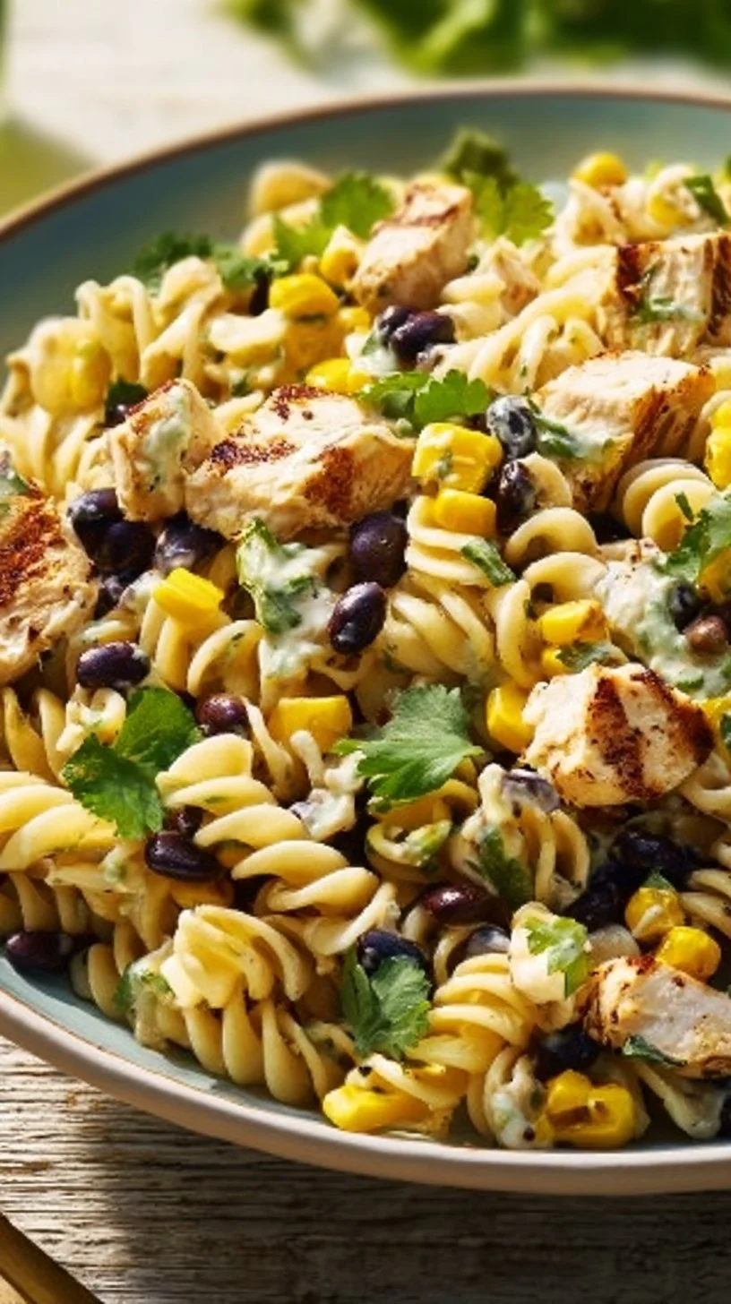 Delicious BBQ Chicken Pasta Salad with colorful vegetables and a tasty dressing