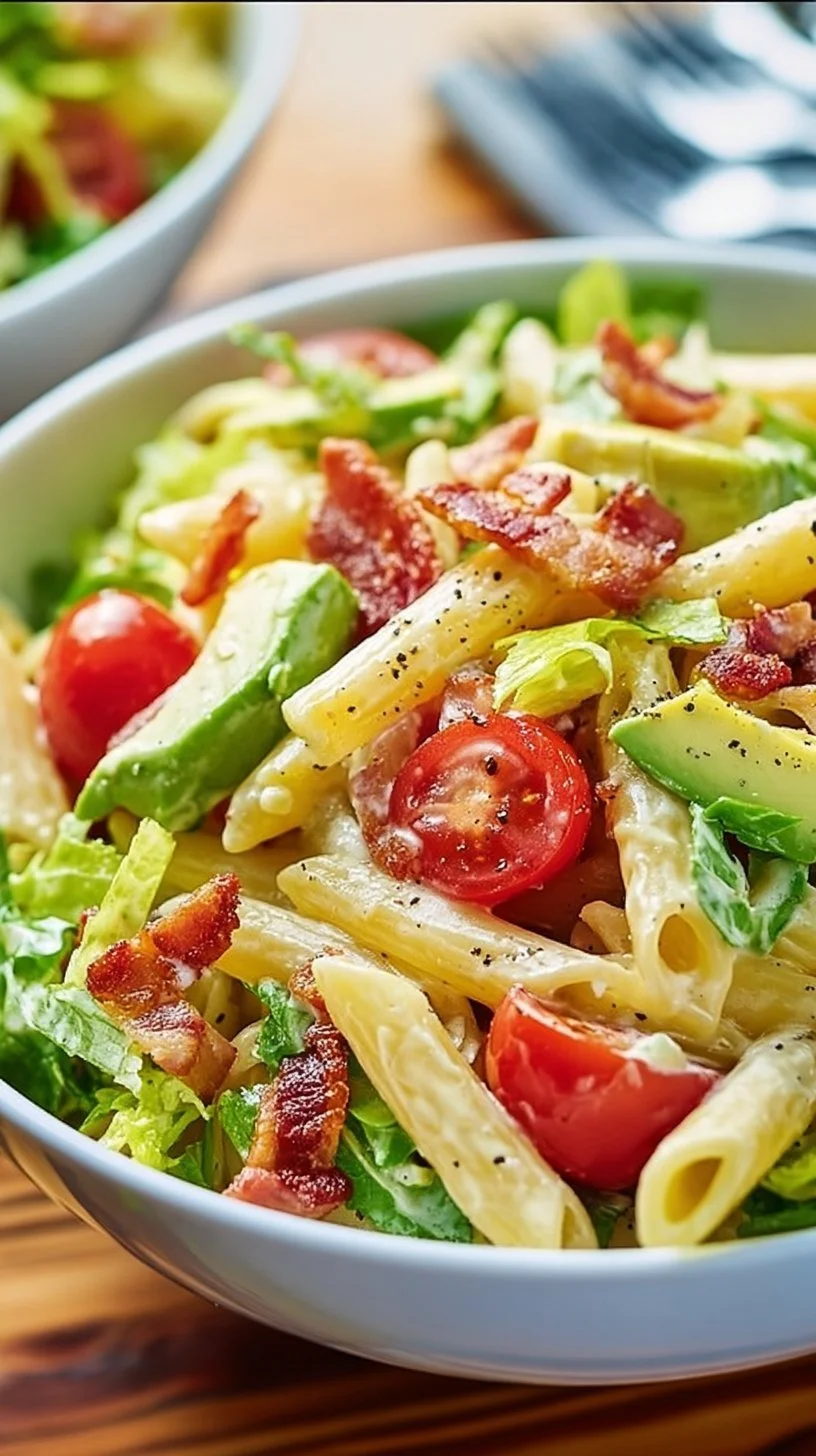 A vibrant bowl of gluten free dairy free BLT pasta salad with fresh ingredients.