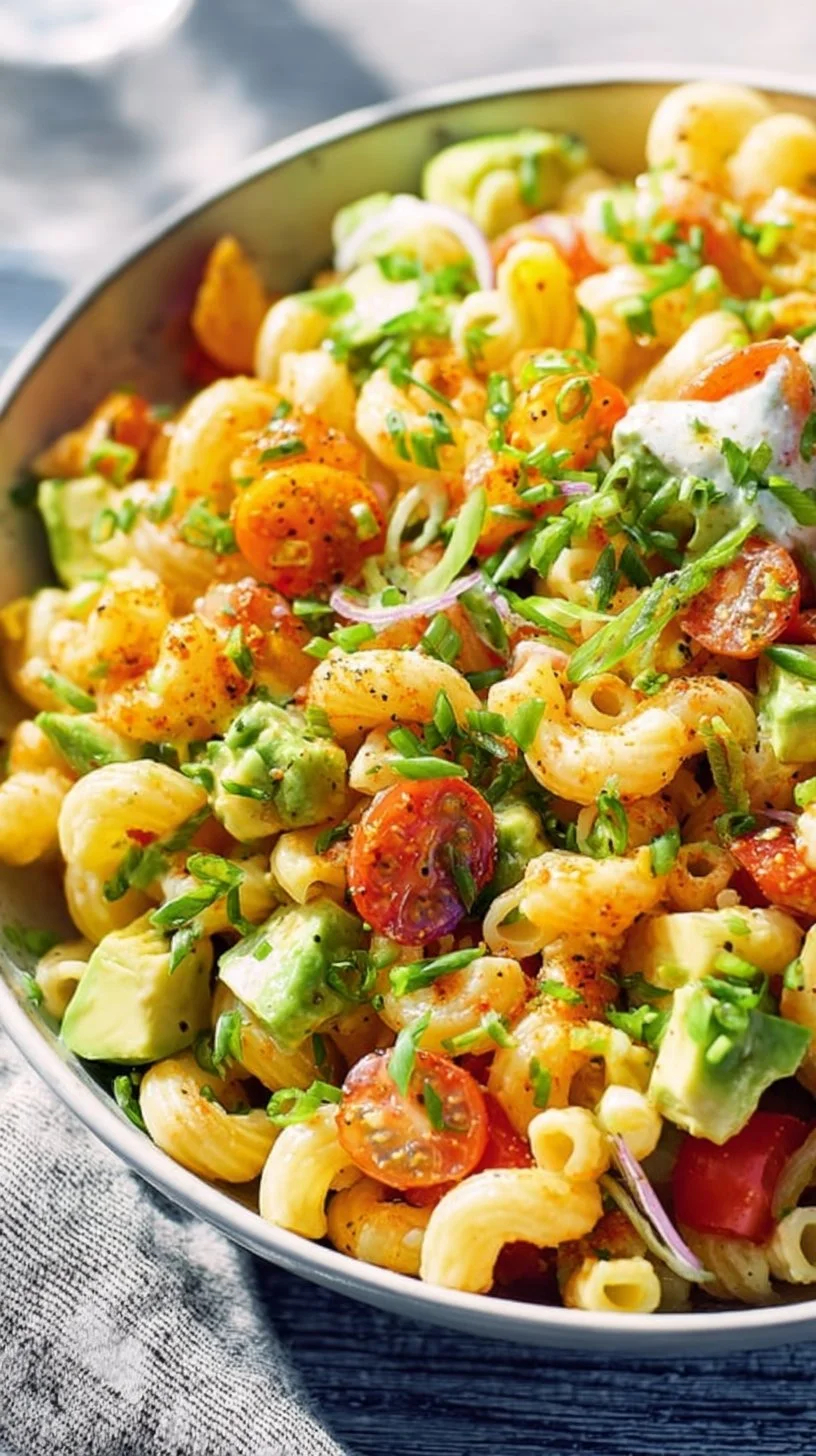 Buffalo Chickpea Pasta Salad with vibrant ingredients and spicy sauce.
