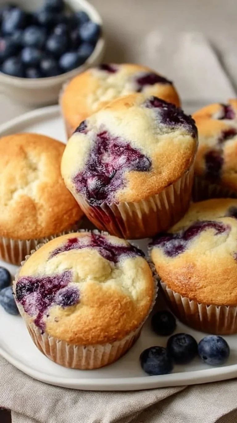 Freshly baked Cottage Cheese Blueberry Muffins on a wooden table