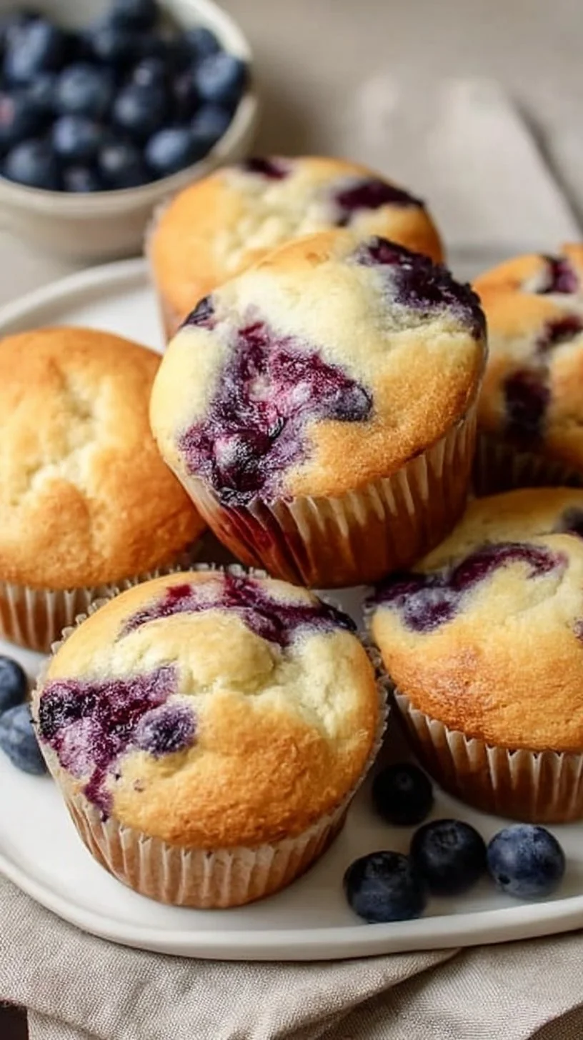 Freshly baked Cottage Cheese Blueberry Muffins on a wooden table