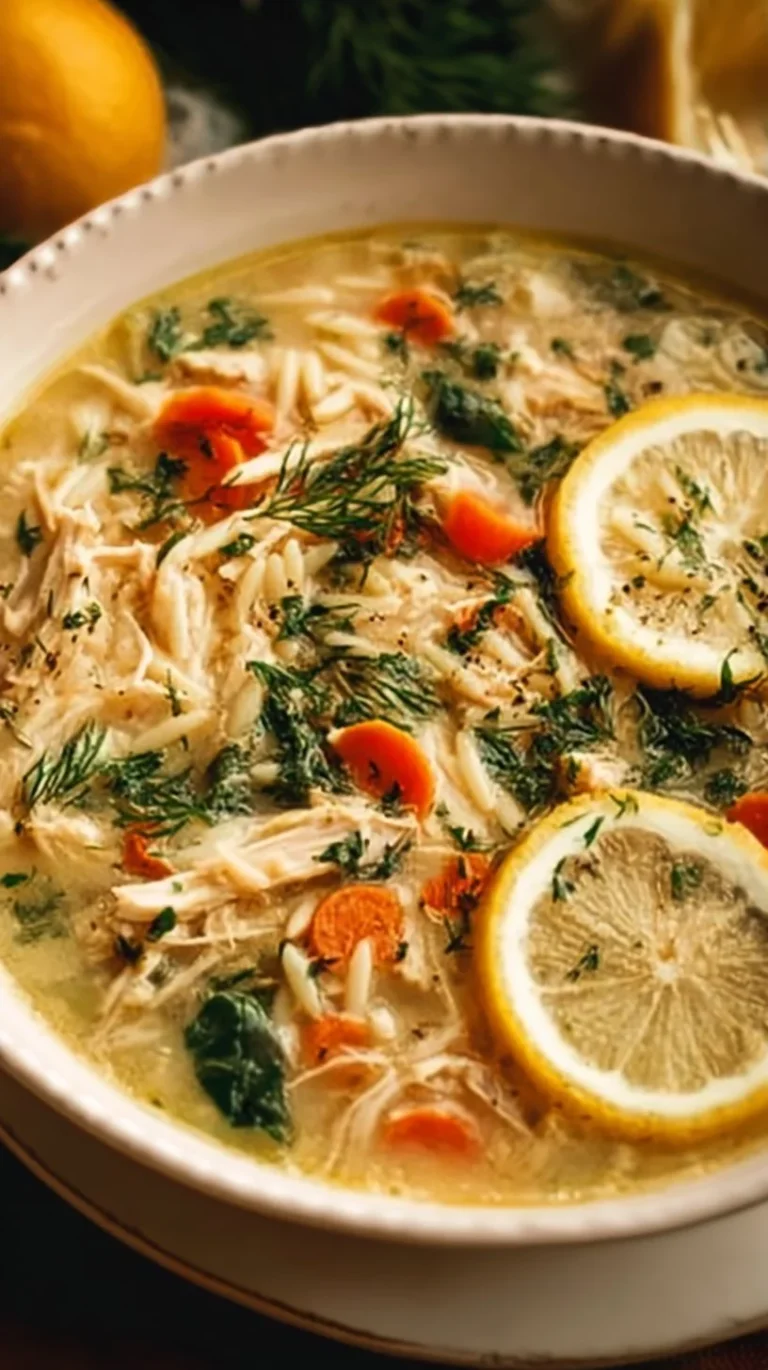 Bowl of creamy lemon chicken orzo soup made in a crockpot with fresh ingredients.