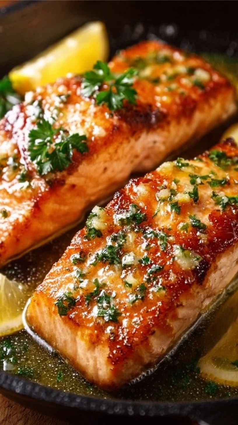 Plate of delicious pan seared salmon with garlic butter sauce