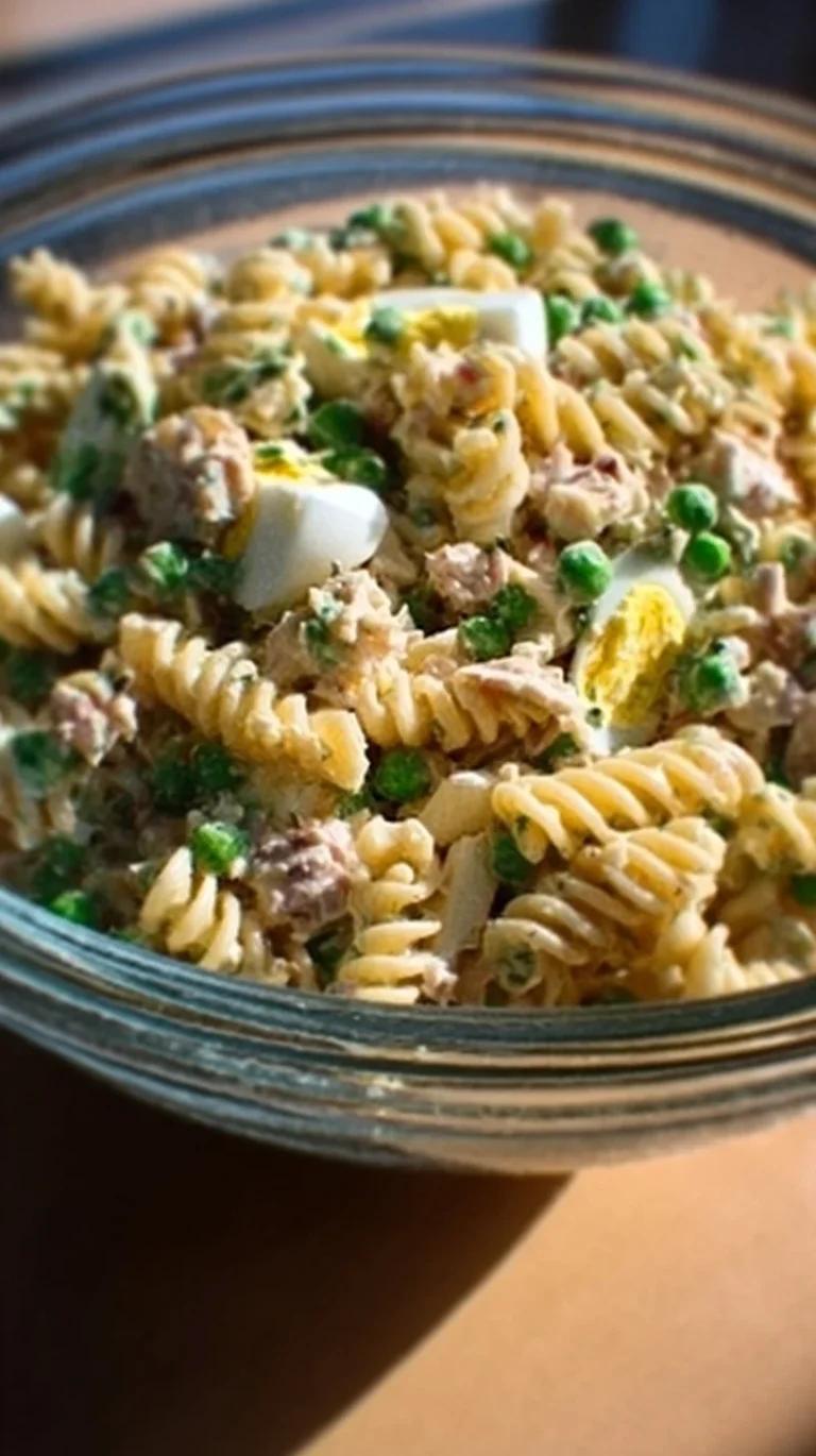 Bowl of easy tuna pasta salad with vegetables and dressing