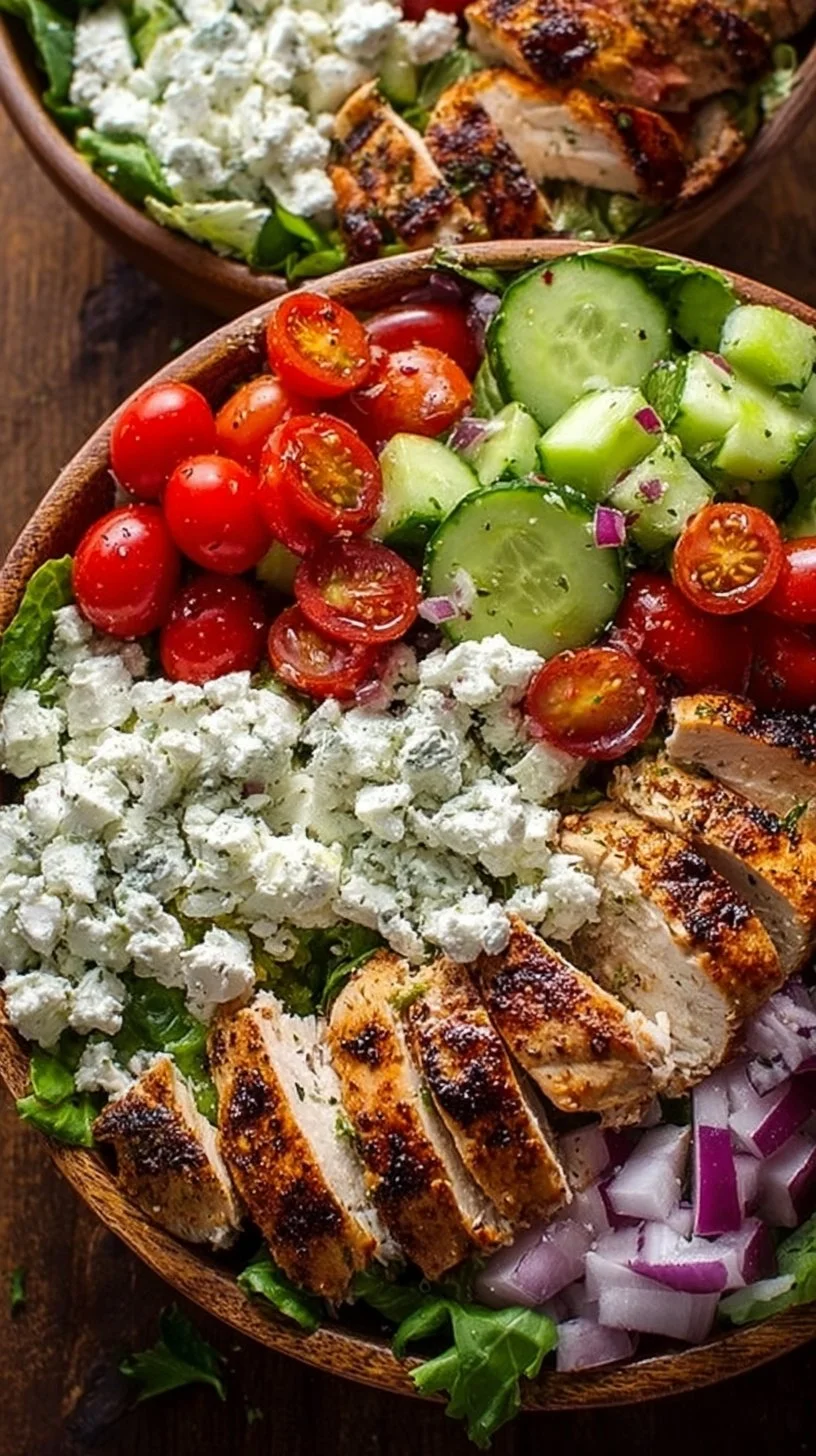 Delicious Greek Chicken Bowls with fresh vegetables and herbs.