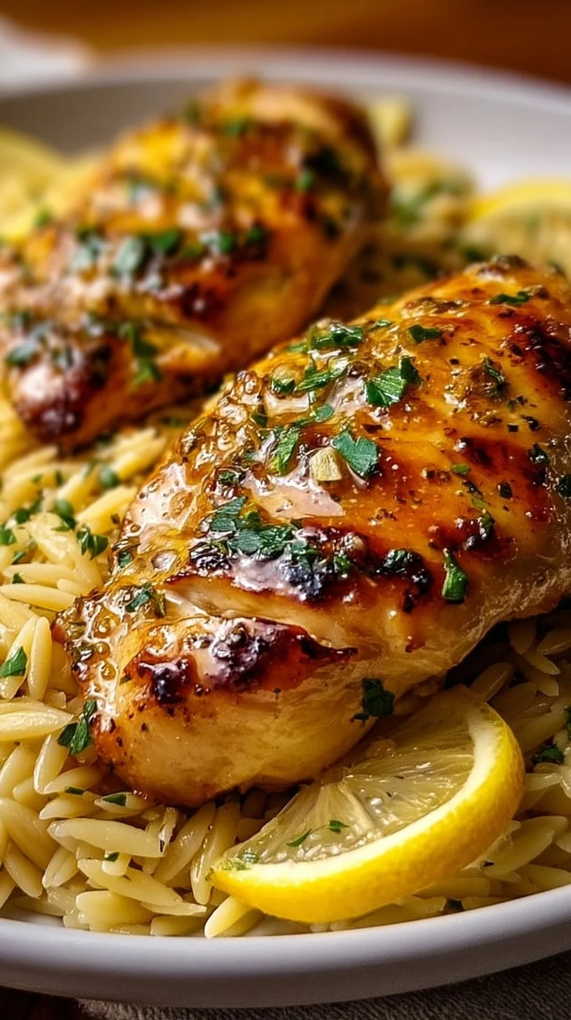 Greek Lemon Chicken served with orzo pasta garnished with fresh herbs