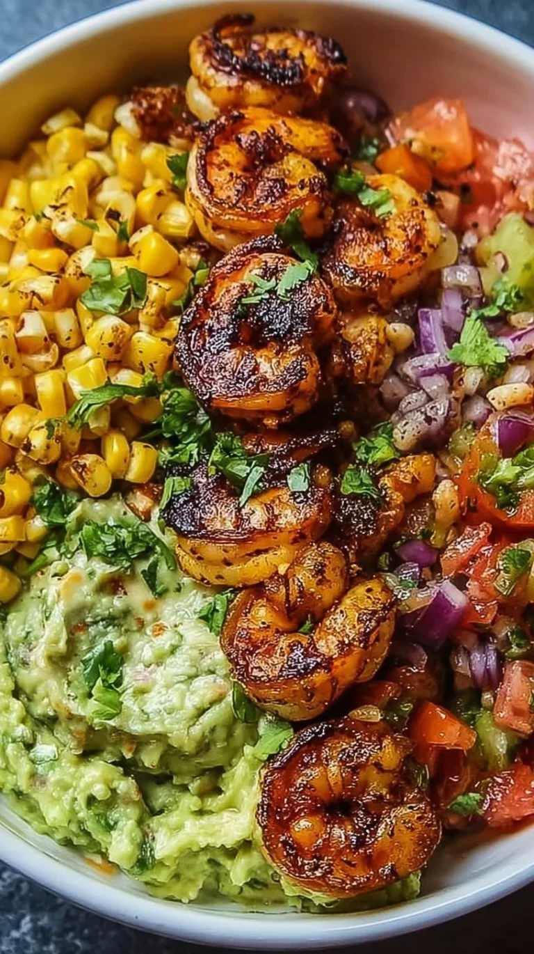 Delicious grilled shrimp bowl with avocado, corn salsa, and creamy garlic sauce