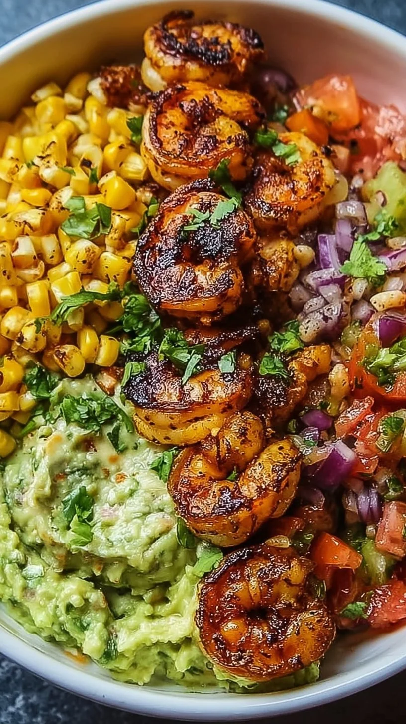 Delicious grilled shrimp bowl with avocado, corn salsa, and creamy garlic sauce