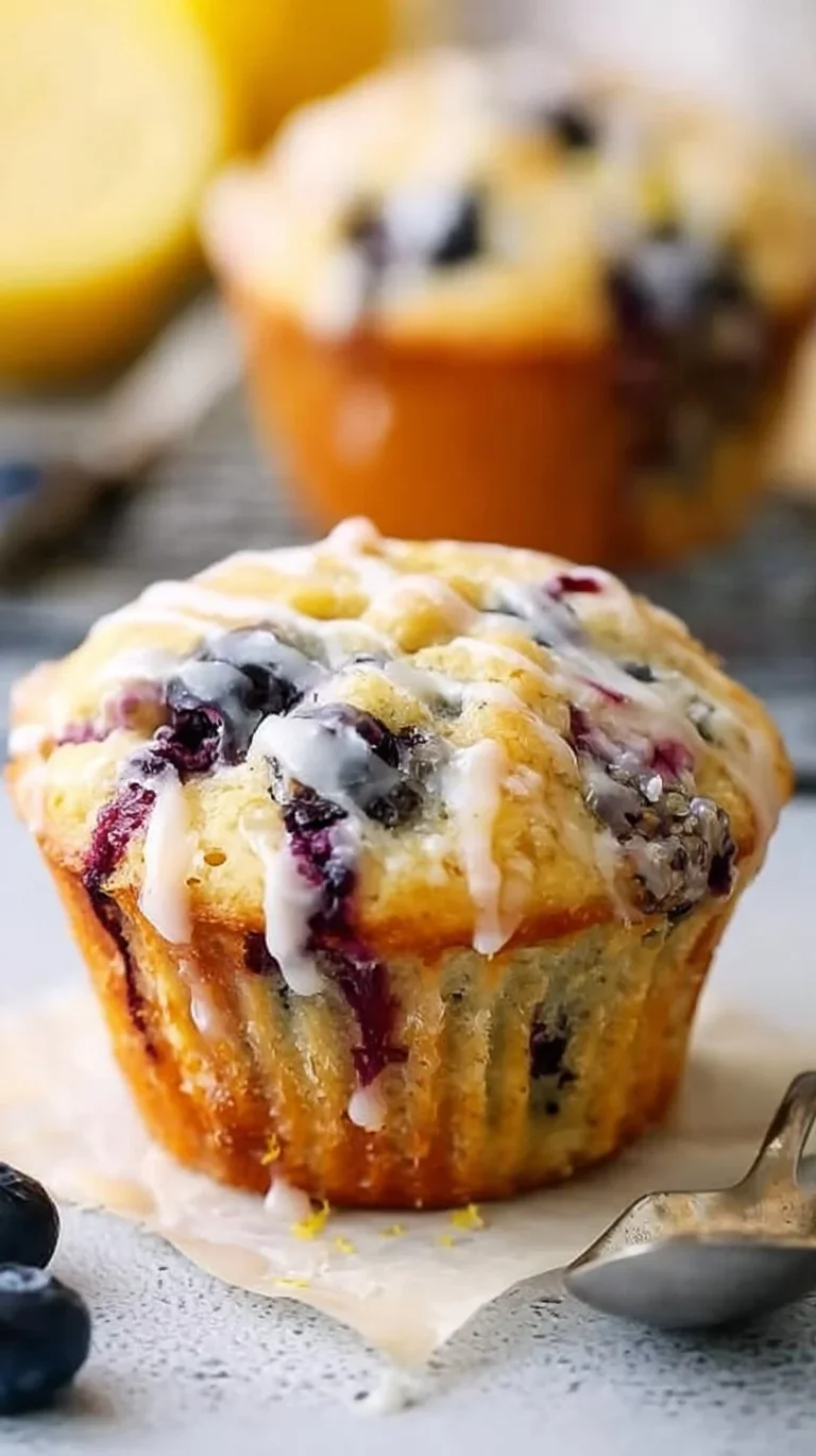 Delicious healthy blueberry lemon muffins on a plate with fresh blueberries and lemon slices.