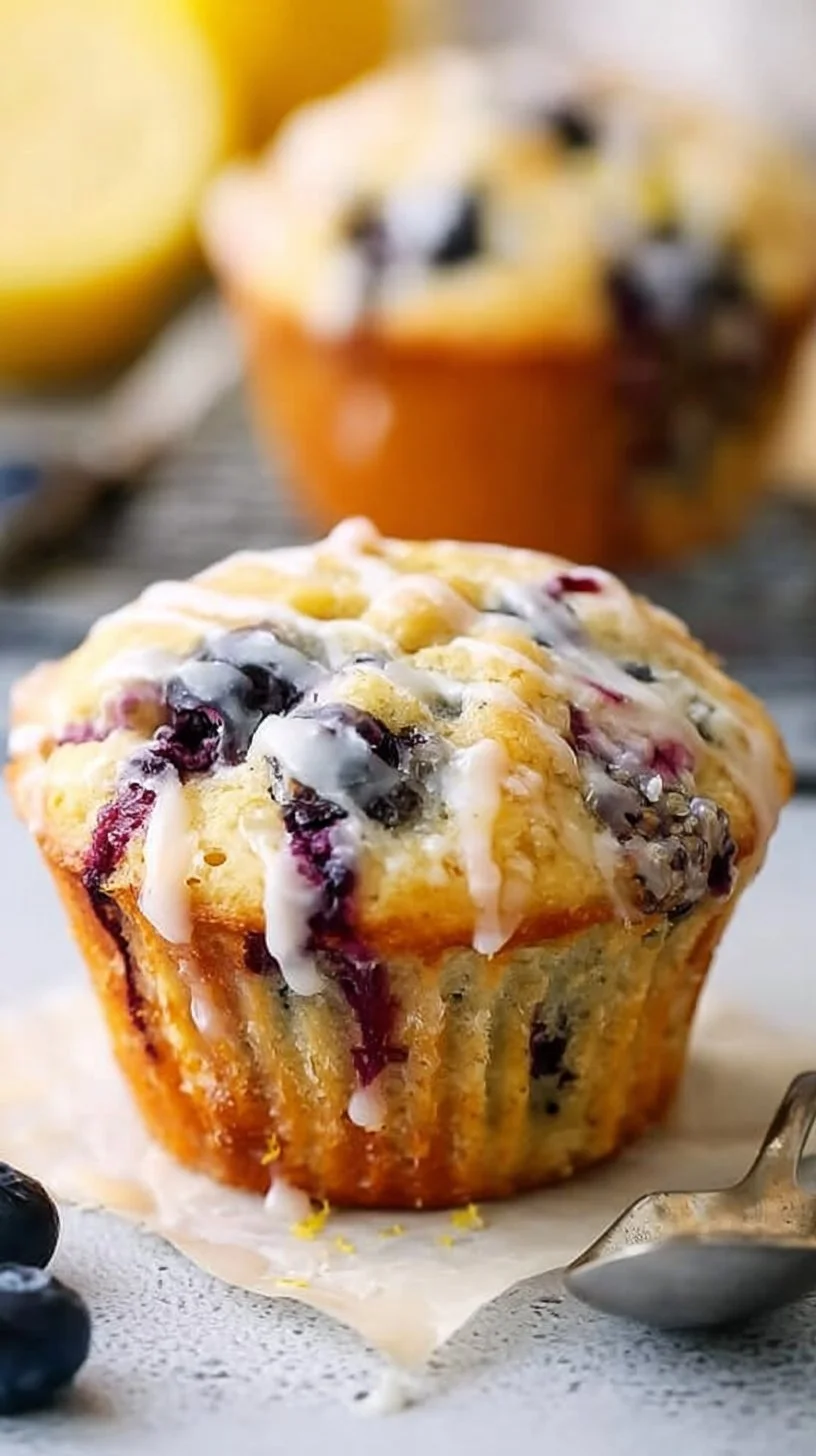 Delicious healthy blueberry lemon muffins on a plate with fresh blueberries and lemon slices.