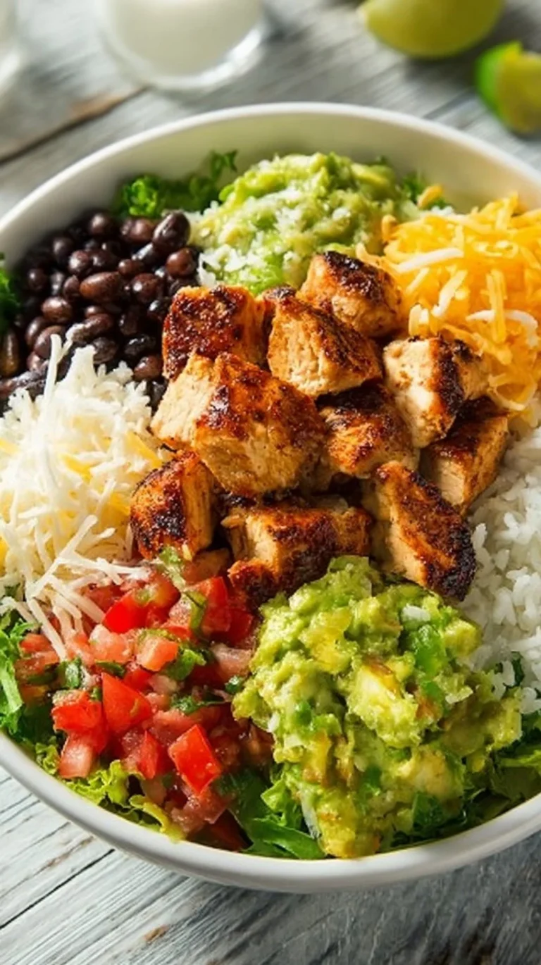 High-protein burrito bowl with fresh ingredients and vibrant colors.