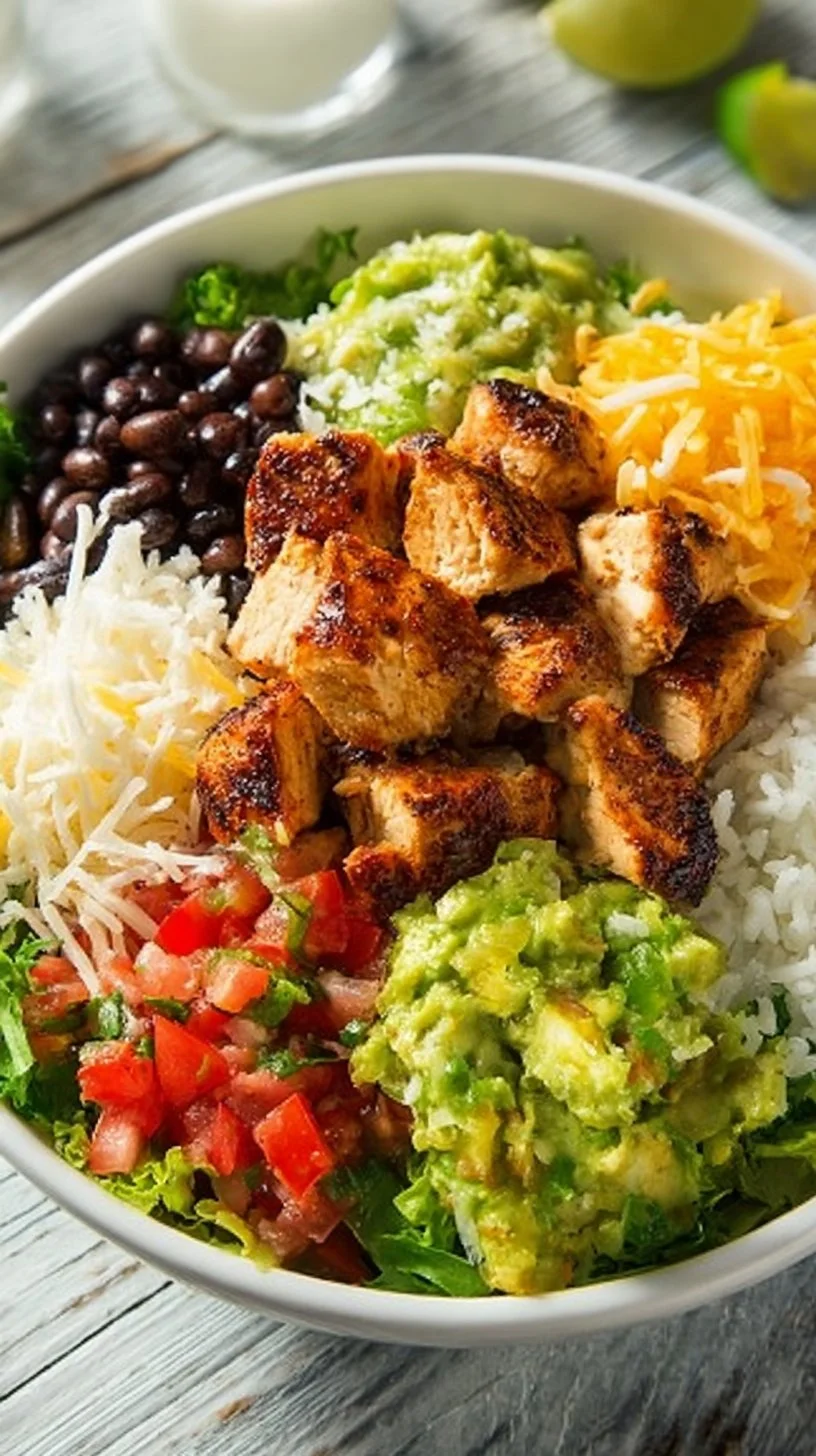High-protein burrito bowl with fresh ingredients and vibrant colors.