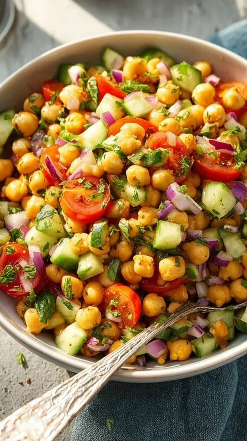 High protein chickpea salad in a bowl, packed with fresh vegetables and herbs
