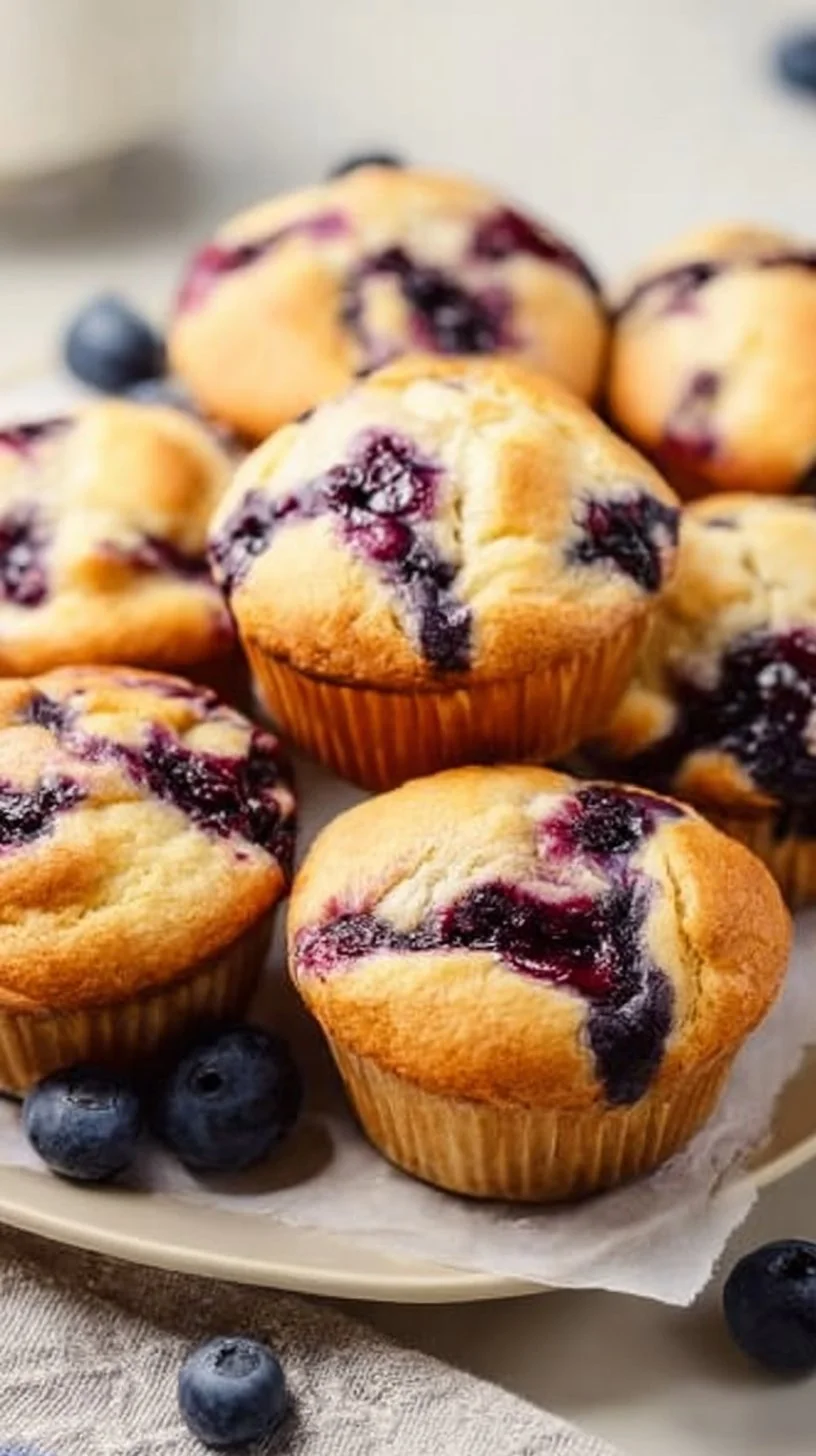 High-protein cottage cheese blueberry muffins on a wooden table