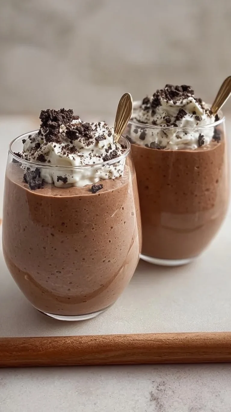 High protein cottage cheese chocolate mousse served in a bowl with a sprinkle of cocoa.