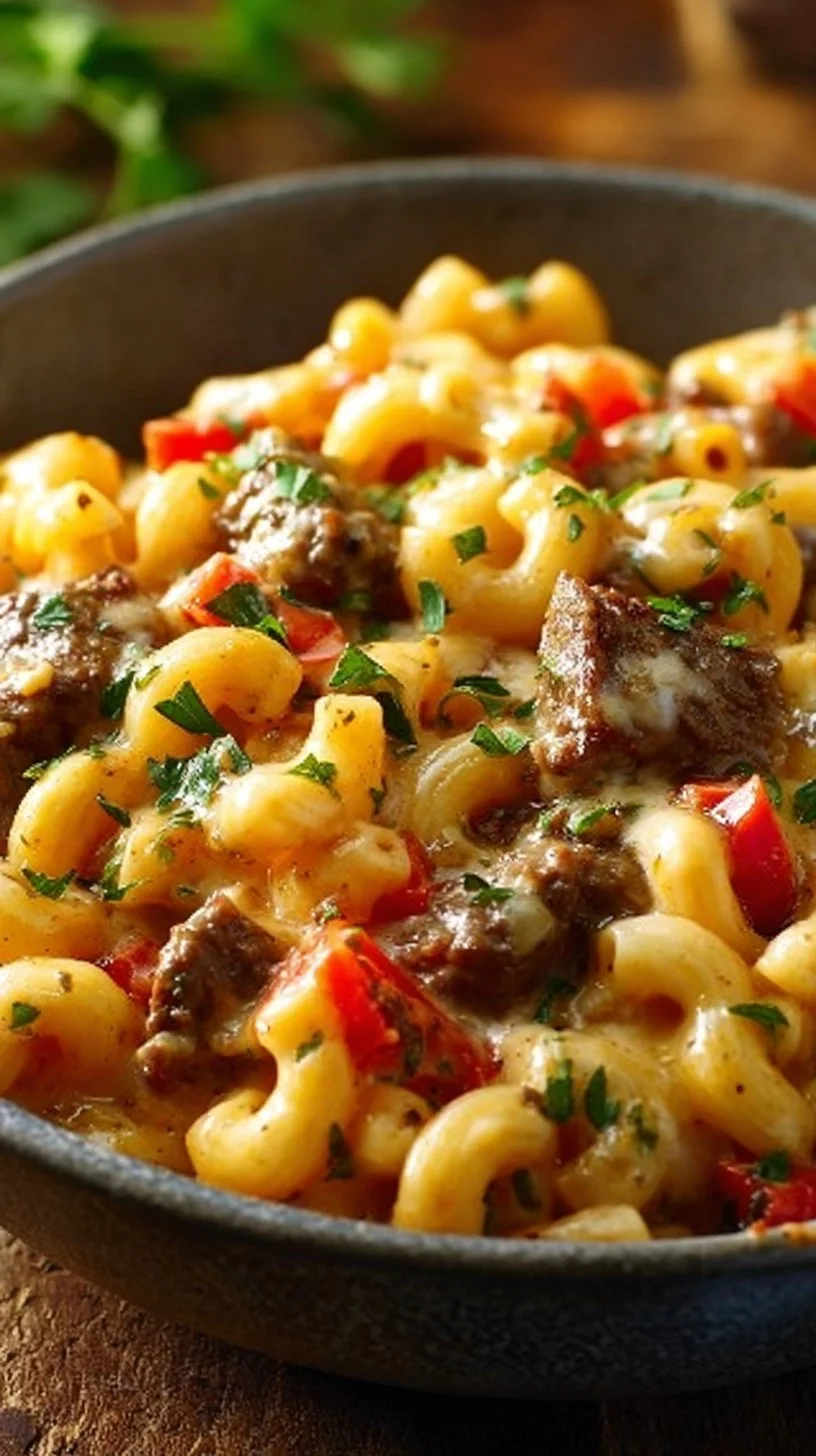 Creamy Philly cheesesteak mac & cheese topped with savory steak and cheese.