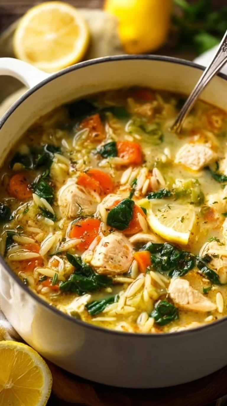 Bowl of Lemon Chicken Orzo Soup with fresh herbs and lemon slices