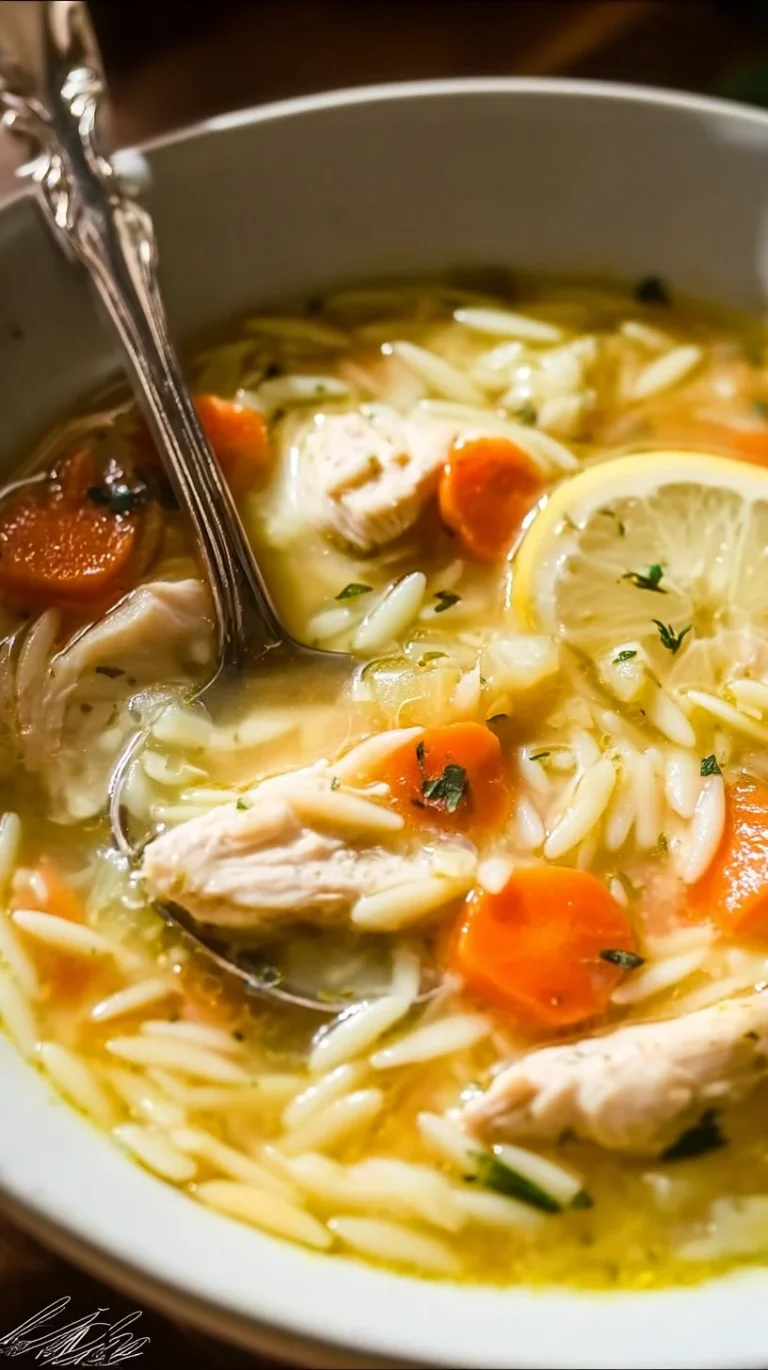 Bowl of Lemon Chicken Soup with Orzo garnished with herbs