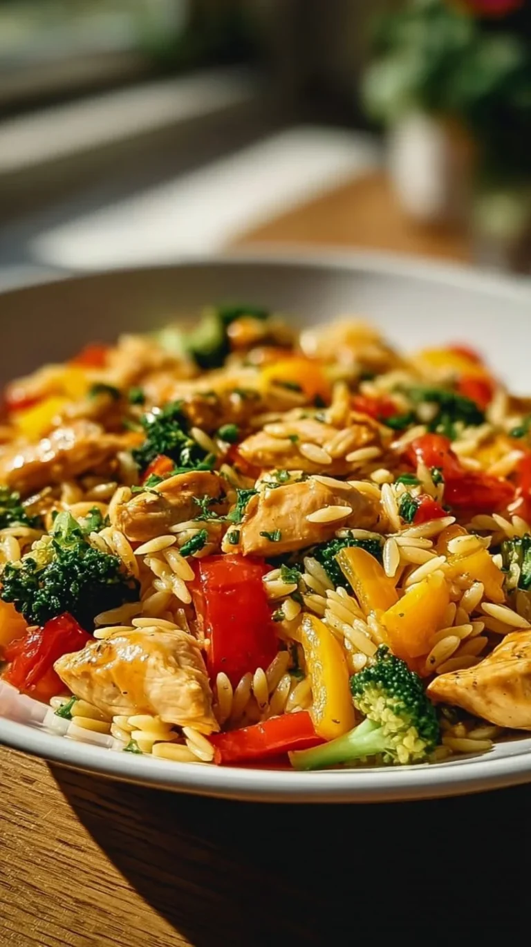 Lemon Chicken & Veggie Orzo Stir Fry served in a bowl