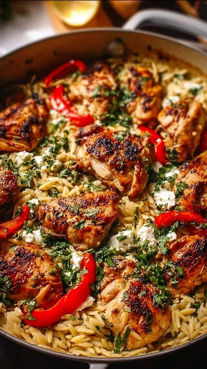 Lemon-Feta Chicken served with orzo pasta, garnished with fresh herbs.