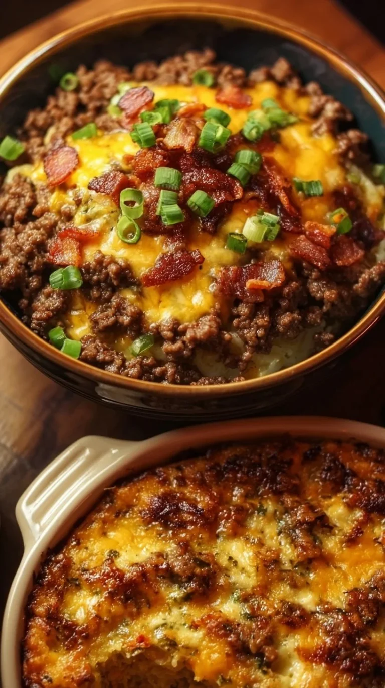 Low-carb bacon cheeseburger casserole topped with cheese and crispy bacon