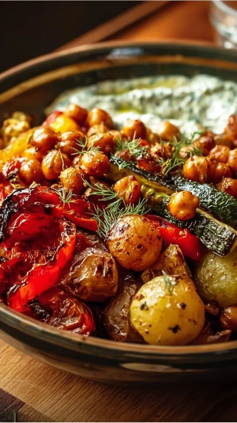A colorful Mediterranean roasted vegetable bowl with fresh veggies and herbs.